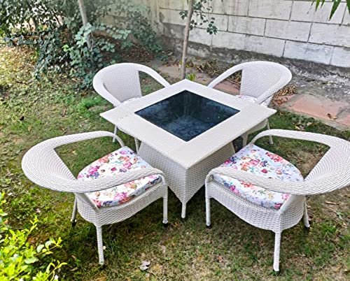 Image of Lotey Outdoor D-8 Chairs Table Set 4+1 Wicker Patio Furniture Sets 4 Chair and 1 Table with Cushions for Garden Balcony Bedroom Powder Coated Frame Uv Protected Wicker (Cream str + Printed Cushion)