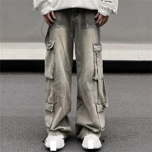 Men Jeans American Straight Tube Mud Dyed Loose Multi Pocket Workwear Pants Vintage Male Trousers2