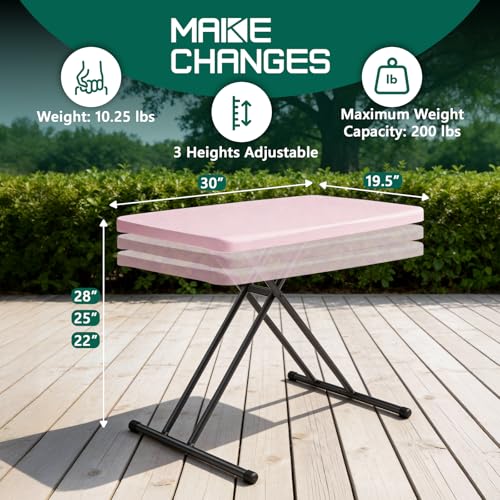 Image of 30in Folding Table, Portable Picnic Table with Adjustable Height, Foldable TV Tray Table & Laptop Desk for Small Spaces, Patio, Camping, BBQ, No Assembly Needed, Pink