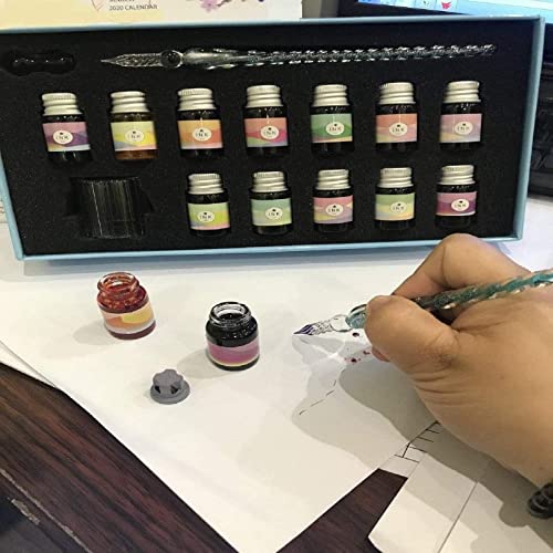 Asxma Calligraphy Dip Pen Set - 12 Colorful Inks, Glass Pen Holder, Glass, Crystal Pen For Art, Writing, Drawing, Signatures, Decoration,Holiday Gift Set Calligraphy Beginners #TOP3