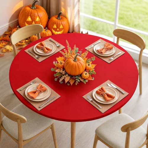 BDDC Elastic Fitted Round Tablecloth, Fits 45"-56" Tables, Red