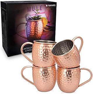 Navaris 4x Moscow Mule Copper Mugs - 500ml / 16.9oz Set of 4 Copper Plated Stainless Steel Cups with Large Handle for Ice Cold Drinks, Beer, Cocktails