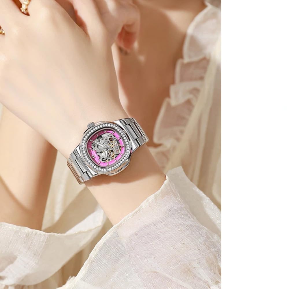 Damen Ausgehöhlte Skelett Vollautomatische Mechanische Uhr Mode Diamant eingelegte Lünette Uhr Leuchtende Wasserdicht Elegant Luxus Armbanduhr