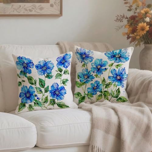 Housse coussin 80x80cm imperméable double face en lin bleu lot de 2