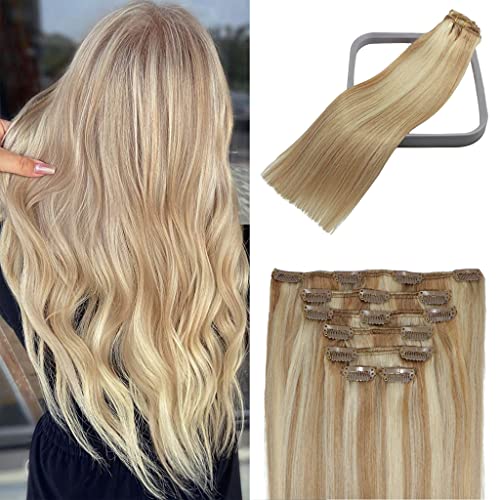 Clip in Hair Extensions Human Hair Balayage Golden Brown to Blonde Highlights for Blonde 70g 22Inch 7PCS #12P613
