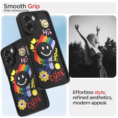 Image of Pikkme Back Cover for Oppo A6X 5G | Soft Silicone| Cute Rainbow Smile & 3D Cartoon Flower Design | Shockproof Raised Camera Protection Bumper Case (Black)