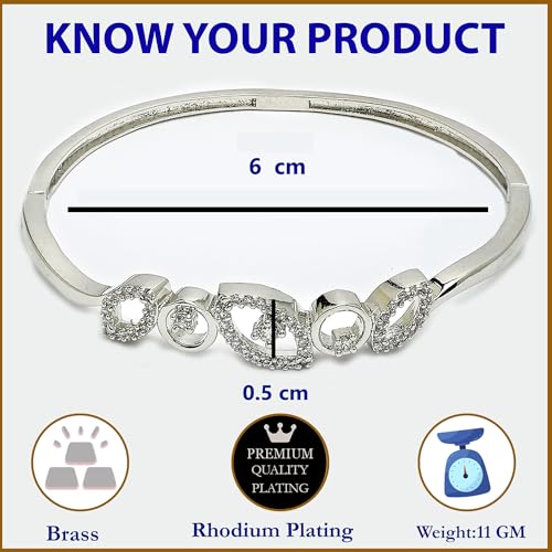 Image of ZENEME Rhodium Plated Silver Toned American Diamond Studded Grace Line Kada Bracelet For Women