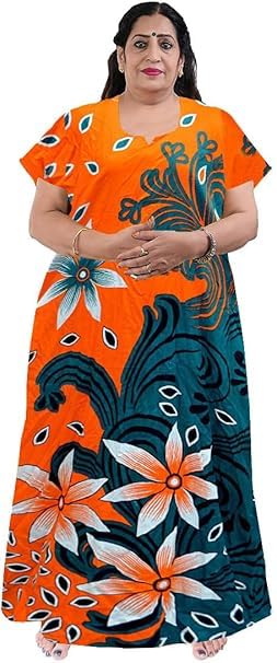 Image of OFEEFAN Women's Printed Cotton Floral Maxi Nighty - Round Neck, Full Length Nightwear Gown, Plus Size Nightdress | Combo of 2 Comfortable Sleepwear