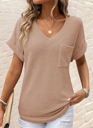 Dokotoo Womens Waffle Knit Tops 2025 Fall Summer V Neck Shirts Casual Trendy Women’s Blouses Basic Tee
