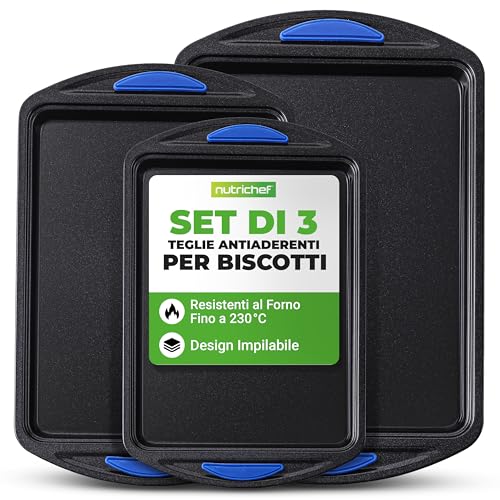 NutriChef Set di 3 Teglie da Forno Antiaderenti, Teglie Forno Impilabili in Acciaio al Carbonio con Manici in Silicone, Atossiche, Resistenti e Facili da Pulire
