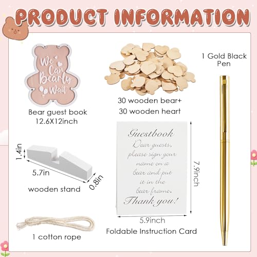Image of Kosiz We Can Bearly Wait Acrylic Baby Shower Guest Book Alternatives Decorations with Wooden Hearts for 60 Guests Baby Shower Sign Picture Frame Pregnancy Keepsake Edition for Soon to Be Mom (Brown)