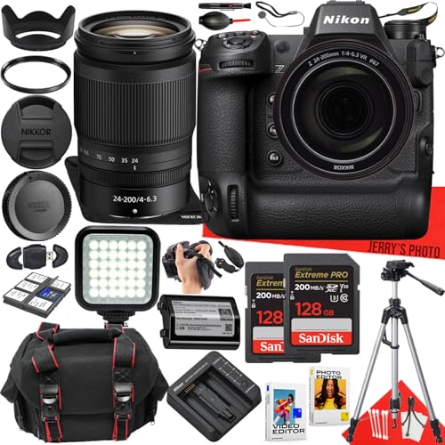 Nikon Z9 Mirrorless Camera with Nikon NIKKOR Z 24-200mm f/4-6.3 VR Lens + 2pc 128 GB Memory + LED Light + Camera Case + Tripod + More (31pc Bundle) (Renewed)