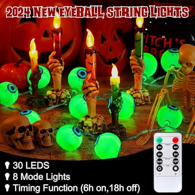 Halloween Decorations 30LED 17Ft Eyeball Halloween String Lights With Timer Remote Battery Operated 8 Modes Halloween Lights Halloween Indoor Outdoor Decorations For Home Garden Yard Halloween D¨¦cor