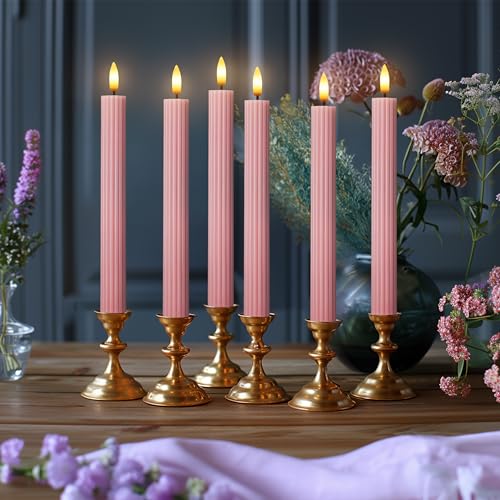 Image of 10 inch Fluted Ribbed LED Dusty Rose Grooved Real Wax Taper Candles, Remote & 24h Timer Memory, On /Off Switch - Flameless Dimmable Battery Operated w /Flicker Mode, Home Wedding Decor (6 Pack)