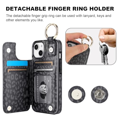 Image of HAOPINSH for iPhone 13 iPhone 14 Wallet Case with Card Holder, Black Leopard Cheetah Print Back Flip Folio PU Leather Kickstand Card Slots Case, Finger Grip Ring Double Magnetic Clasp 6.1 inch