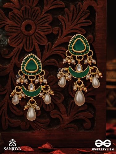 Image of SANJOYA BY EVERSTYLISH Ratnodya Rising Gem Dazzling Kundan Earrings With Pearls And Royal Green And Gold Accents Lightweight Jewelry For Women | Party, Festive, Wedding & Gifting