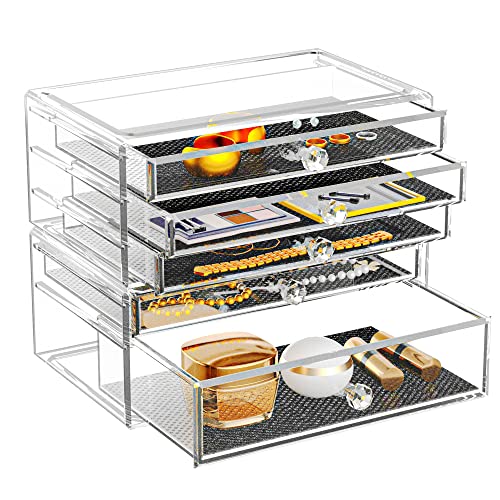 ARCCI Acrylic Makeup Organizer Cosmetic Skin Care Storage Drawers, 2 Tier Stackable 5 Drawers Clear Cosmetic Display Case for Jewelry, Lipsticks, Makeup Brushes, Bathroom Counter, Vanity Accessories