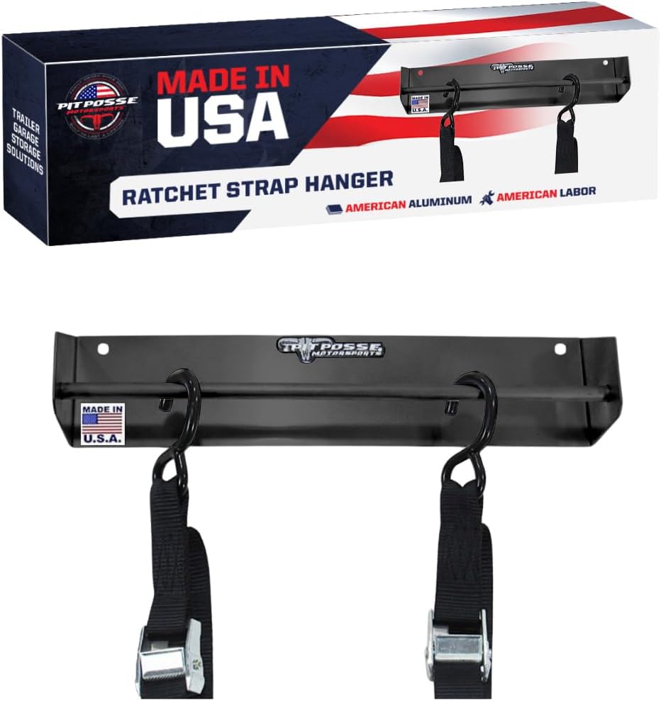 Pit Posse 464BK Tie Down Hanger Rack Storage Holder - Made in USA - Race Car Enclosed Trailer Shop - Ratchet Strap Organizer - Garage Walls, Drywall, Wood, Steel Trailer Studs (Black)
