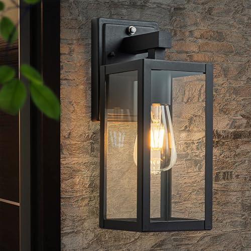 FTL Wandleuchte Aussen mit Dämmerungssensor, Außenwandlaterne Wandleuchte und Klaren Glas, Aussenlampe Wand E27 Fassung, IP44 Wasserdicht Ausenbeleutung Hauswand für Veranda Eingangstür, Mattschwarz