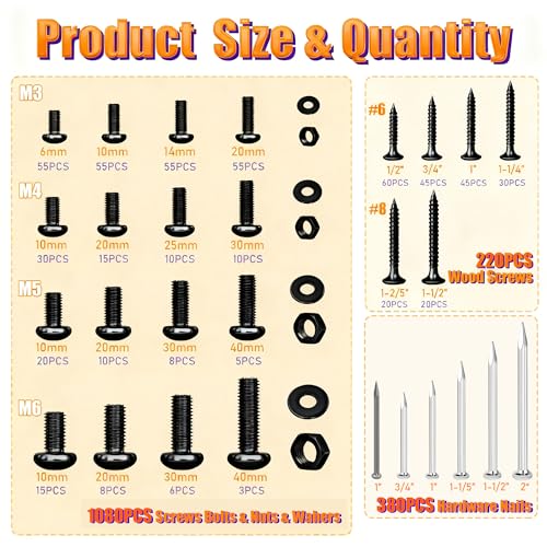 Image of Dianrui 1680 PCS Blcak Nails and Screws Assortment Kit & Screw Bolts and Nuts, M3 /M4 /M5 /M6 Machine Screws, Small Nails for Picture Hanging, #6#8 Drywall Screw Set for DIY Project Length 1 /2 inch to 2 inch
