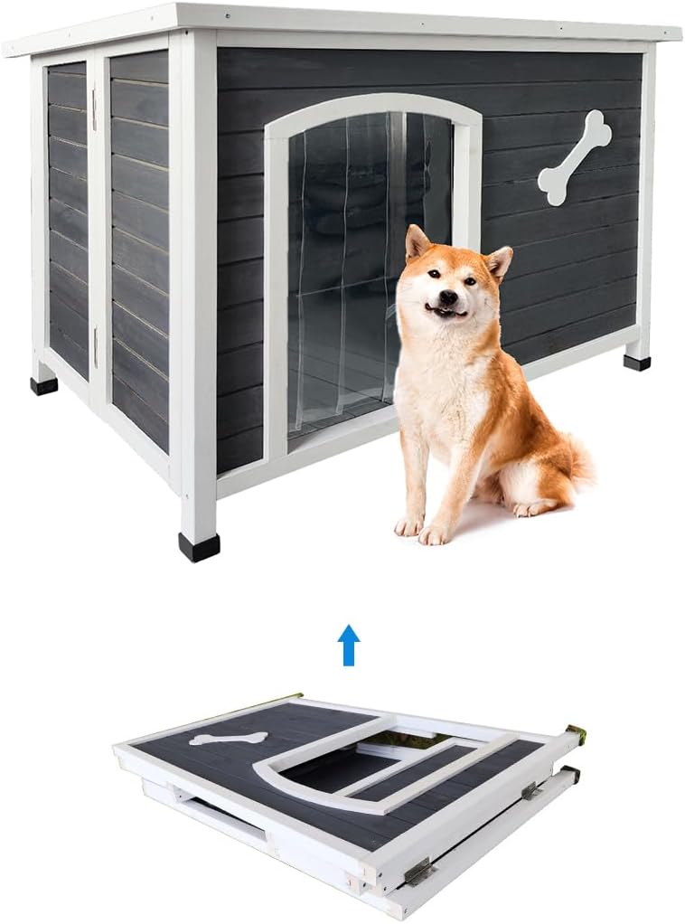 Outdoor Wooden Folding Dog House, 40.55" Waterproof Foldable Patio Dog Cage, Indoor Solid Wood Outside Dog Shelter Kennel, Easy to Assemble