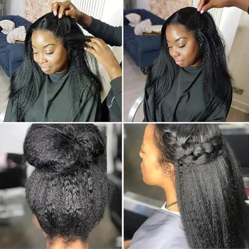 Image of Kinky Straight Human Hair Wig 4x4 Transparent Lace Closure Kinky Straight Wigs 180% Density Yaki Glueless Wigs Human Hair for Black Women Natural Black (24inch)