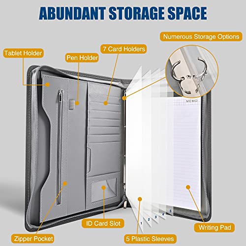 Linaxbong Padfolio Portfolio Business Binders—4 Ring Binders，Secure Zippered Closure，Resume Padfolio Business Organizer—Pu Leather Padfolio Portfolio Binders For Men & Women(Grey) #TOP1