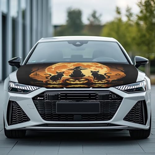 Image of Moon Cat Pumpkins Hood Wraps for Cars Hood Wrap Protector Washable Car Hook Elastic Fabrics Can be Washed Hook Wraps