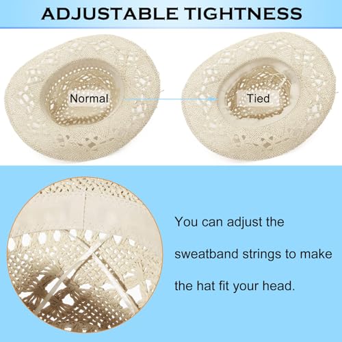 Image of Men & Women's Summer Cowboy Cowgirl Straw Hat Hollow Out Woven Roll Up Wide Brim Sun Hat with Chin Strap