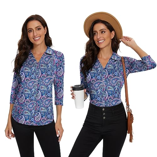 Image of Soneven Womens Golf Polo Shirts 3 /4 Long Sleeve V Neck Button Down Shirts Business Causal Work Blouses Tops
