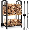 Meoligr Firewood Rack Indoor,Double-Layer Fireplace Tools Set, Heavy-Duty Wrought Iron Firewood Holder with Extra-Large Storage, Complete 4-Piece Fireplace Accessories (Tongs, Poker, Brush, Shovel)
