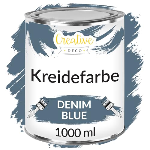 Creative Deco Jeans Blau Kreidefarbe für Möbel 1000ml | Möbellack Möbelfarbe ohne Schleifen | Für Landhaus Vintage-Stil Decoupage Möbel-Renovierung Matt Abwaschbar Wisch-Effekt Gradient-Effekt möglich