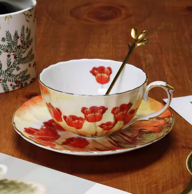 Handgefertigtes Kaffeetassen- und Untertassen-Set aus Keramik mit roten Mohnblumen Keramik Kaffee-/Teetasse und Untertasse Teller Hafermilchbecher Hochzeitsgeschenk