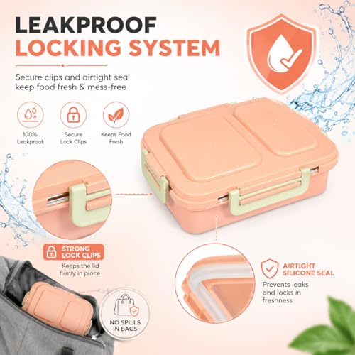 Image of Premium 2 Compartment Stainless Steel Lunch Box with Airtight Leakproof Lid | Durable Food Storage Bento Box with Secure Lock Clips (Pink Color)