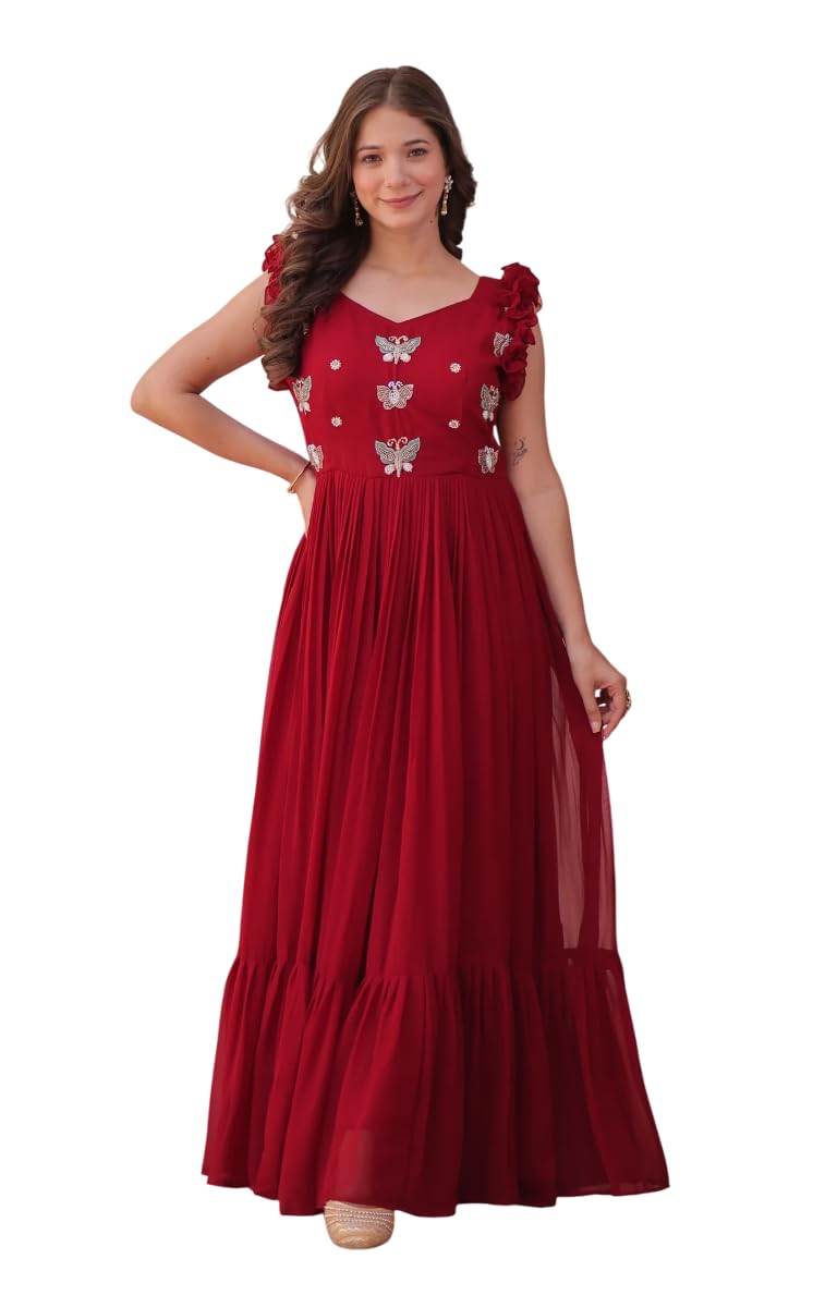 Womens Red Color Multi Thread Embroidery Georgette Long Full Flair Gown Festival Wear Gown-image-31