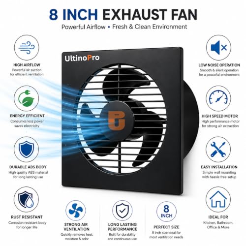 Image of 8 Inch Exhaust Fan for Kitchen, Bathroom, Office & Commercial Use | High Speed Ventilation Fan | Low Noise | Energy Efficient Motor | Rust Resistant Body | Easy Wall Mount (8 Inch Black)