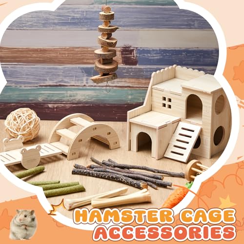 Sonwyoung 8 Pcs Hamster Cage Accessories Hamster Starter Kit with Maze Wood House, Bridge, Seesaw, Chew Toys Set for Gerbils and Mice Small Animals Habitat Supplies(Classic Villa) - Thumbnail 4