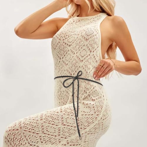 PU Leather Braided Waist Belt Women Decorative Knitted Rope Long String Boho Wrap Skinny Waistband Thin Woven Tie Knot Cord Belt for Women Jeans Pants Dress Skirt (Black) 5