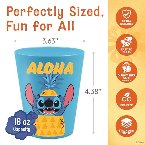 Image of Disney Stitch Plastic Drinking Glasses, Dishwasher Safe, 4-Pack | 16 oz, unbreakable, reusable, BPA-free, stackable to save space, great for water, juice, and family meals