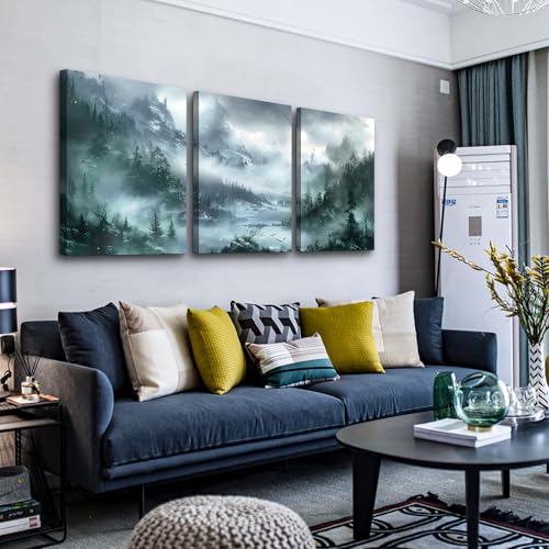 DZRWUBHS Wall Art For Living Room Canvas Wall Decor For Bedroom Office Wall Decorations Misty Forest Landscape Wall Paintings Modern Room Wall Pictures Artwork Home Decor Ready To Hang 3 Pieces
