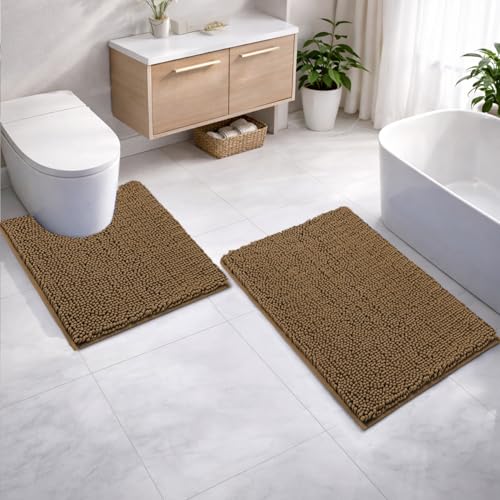 Image of LUXEHOME International Microfibre Chenille Contour Bath Mat Set for Bathroom, Anti Slip Super Absorbent Quick Dry Washable Bathroom Mats, Solid (Chocolate 40x60cm & 47x47cm) Pack of 2