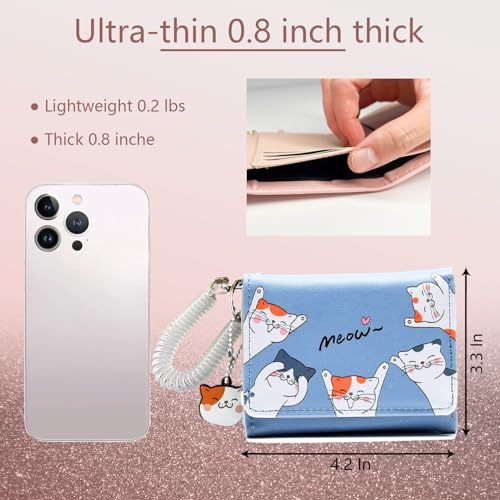 Small Womens Wallet, Cute Cat Tri-Folded Girls Wallet Slim Kawaii Wallet for Teens, Fashion Small Wrist Wallet with Cash Pocket Card Holder ID Window (Cat Blue)3
