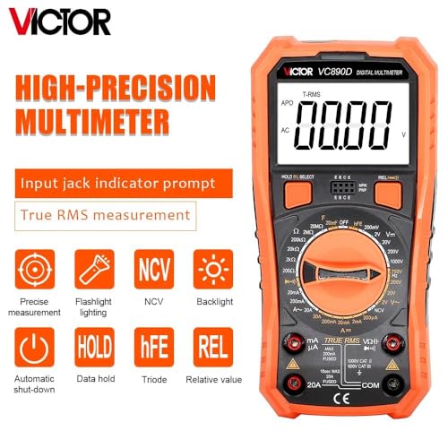 Image of Victor VC890D Digital Multimeter Tester, 1999 Counts, Measures DC /AC Voltage & Current Resistance Capacitance Frequency Diode Continuity Testing with Auto Power Off (Victor VC890D)