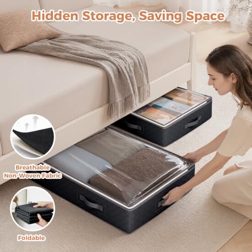 Image of Budding Joy 90L Under Bed Storage, 4 Pack Closet Organizers Black | Foldable underbed storage bins for linen sheets, blanket, clothing, comforter, sweaters, pillows, wrapping paper