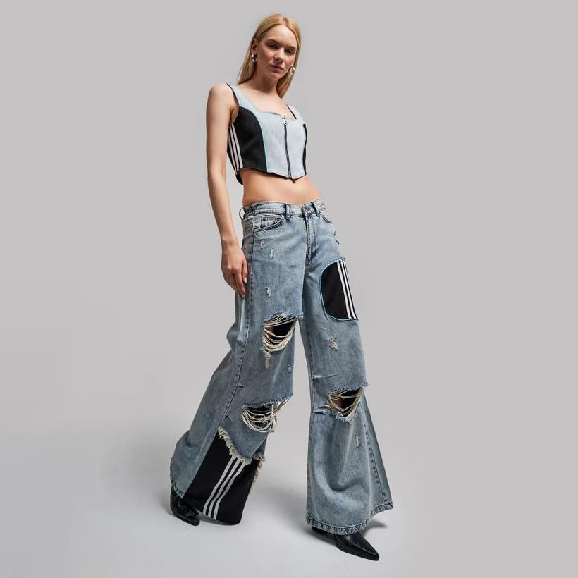 Molilove Women's High Rise Jeans Patchwork Ripped Jeans Baggy Y2k Straight Wide Leg Jeans Flare Casual Denim Pants3