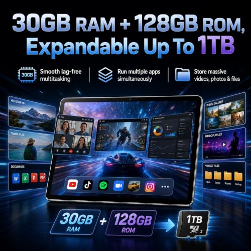 Image of 2026 11 Inch Android 16 Tablet, Tablet with 30GB RAM+128GB ROM, 1TB Expandable, 1280 * 800 Eye-Care LCD Display, 7800mAh Battery, WiFi 6+BT5.4 Ultra-Thin Tablet for Study Entertainment