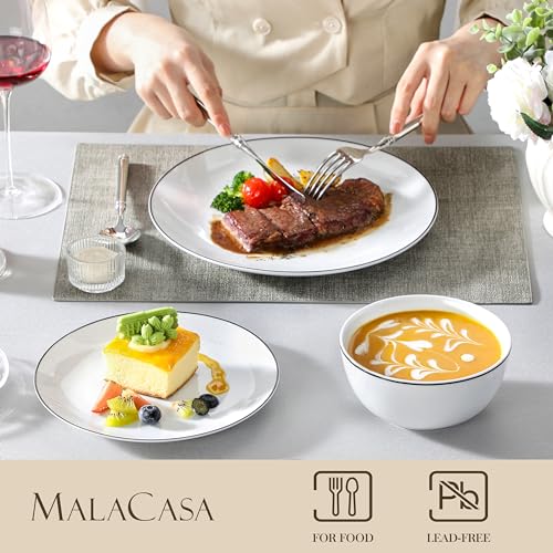 Image of MALACASA 12 Pieces Gourmet Porcelain Dinnerware Sets, Modern White with Black Rim Dish Set for 4, Premium Serving Plates and Bowls Sets, Chip and Scratch Resistant Dishware Sets, Series AMELIA