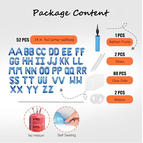 Image of 52 pcs Blue Foil Letter Balloons with Air Pump, 16 Inch 2 A-Z Sets - Mylar Alphabet Balloon Kit for Birthday Banner & Party Decorations
