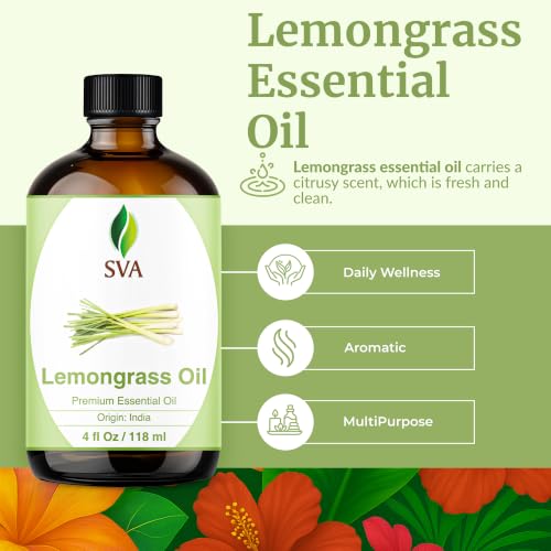 Image of SVA Lemongrass Essential Oil 4 Fl Oz - for Diffuser, Skin & Hair Care - Ideal for Massage & DIY Blends - with Dropper