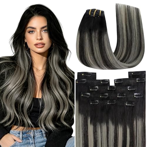 Image of YoungSee 150G Clip in Hair Extensions Balayage Black Mix Silver Hair Extensions Clip ins Black Ombre Clip in Human Hair Extensions Long Straight Hair 24Inch 7Pcs